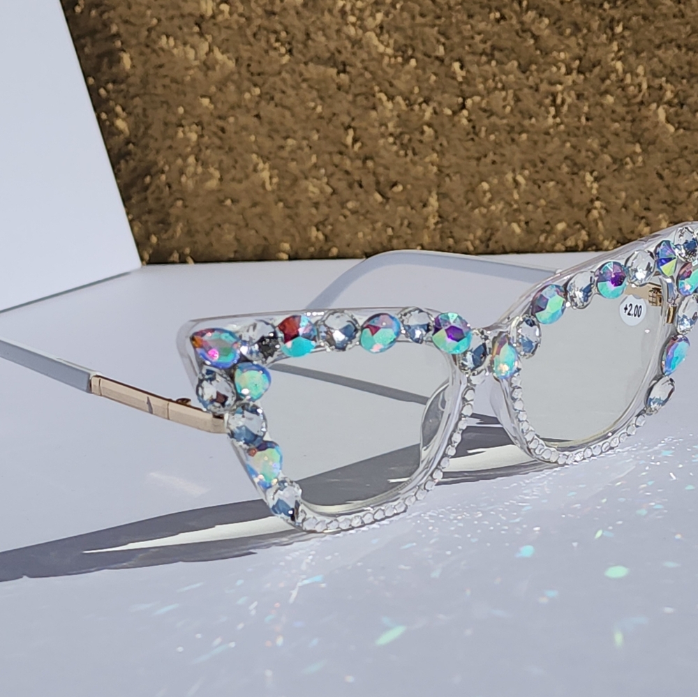 Women's Bling Cat Eye Readers Colorful Rhinestones AB Reading Glasses White+1.00 - Picture 6 of 10